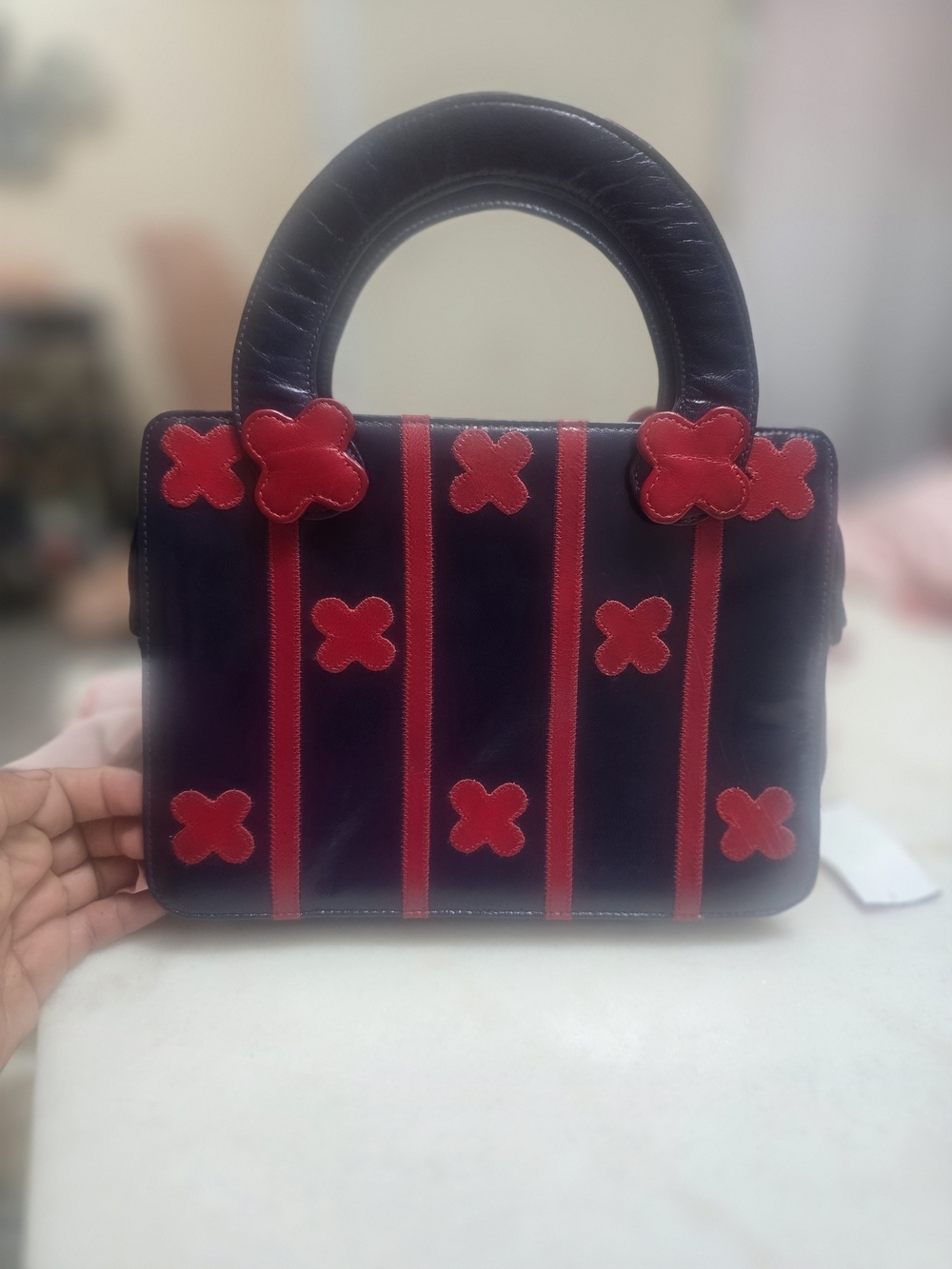 Carlos Falchi Black Satchel with Red Appliqué Xs